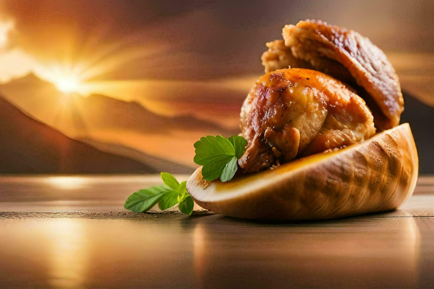 chicken in a shell with a sunset in the background. AI-Generated photo