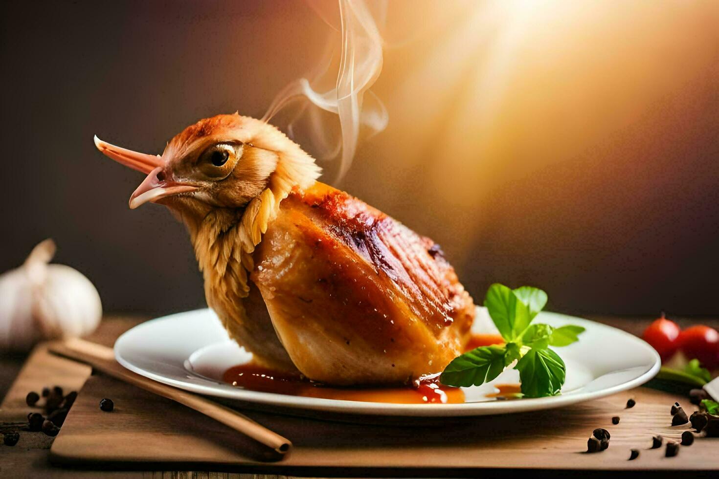 a chicken is sitting on a plate with a sauce. AI-Generated photo