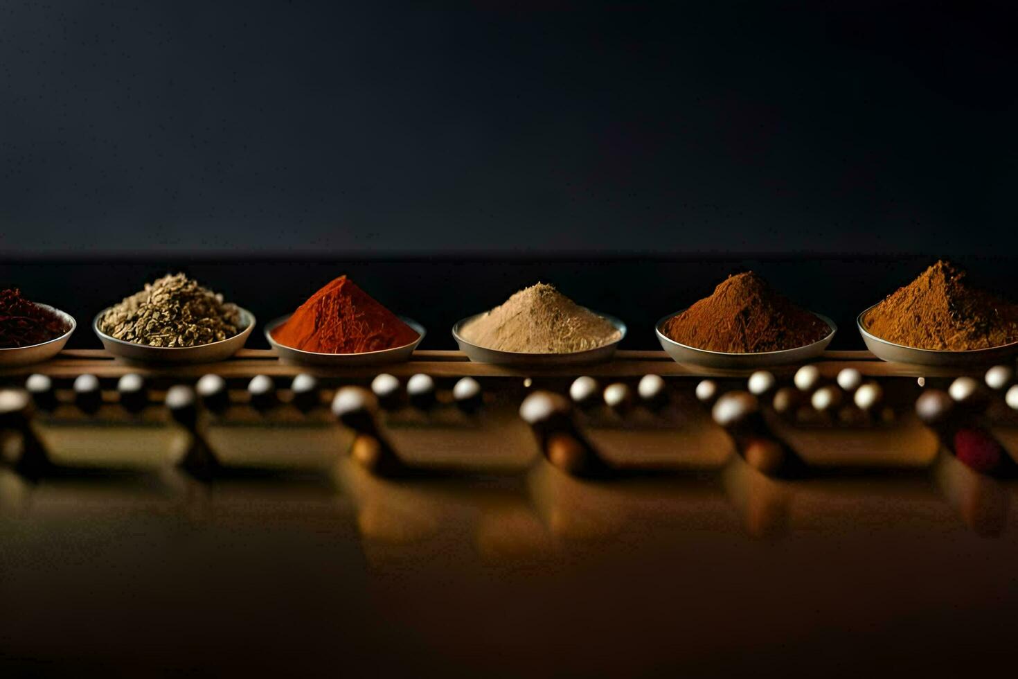 a row of spices in bowls on a table. AI-Generated photo