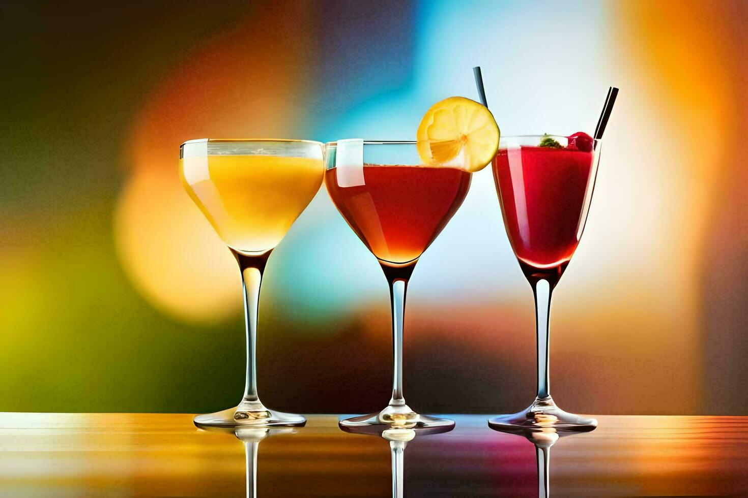 three different cocktails are shown on a table. AI-Generated photo