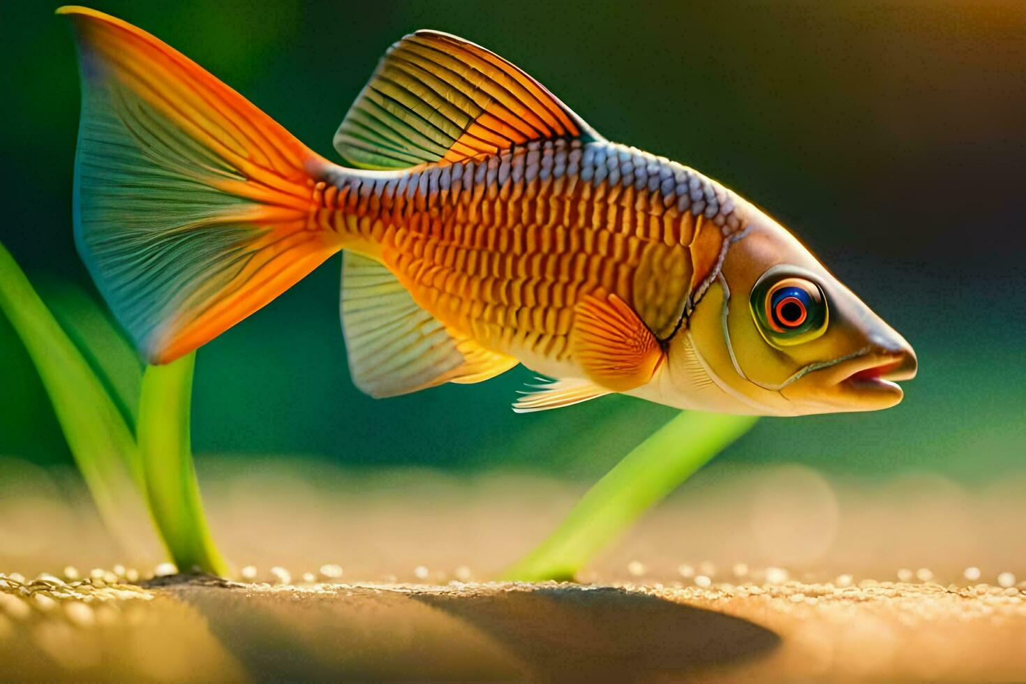 a fish is standing on the ground with grass. AI-Generated photo