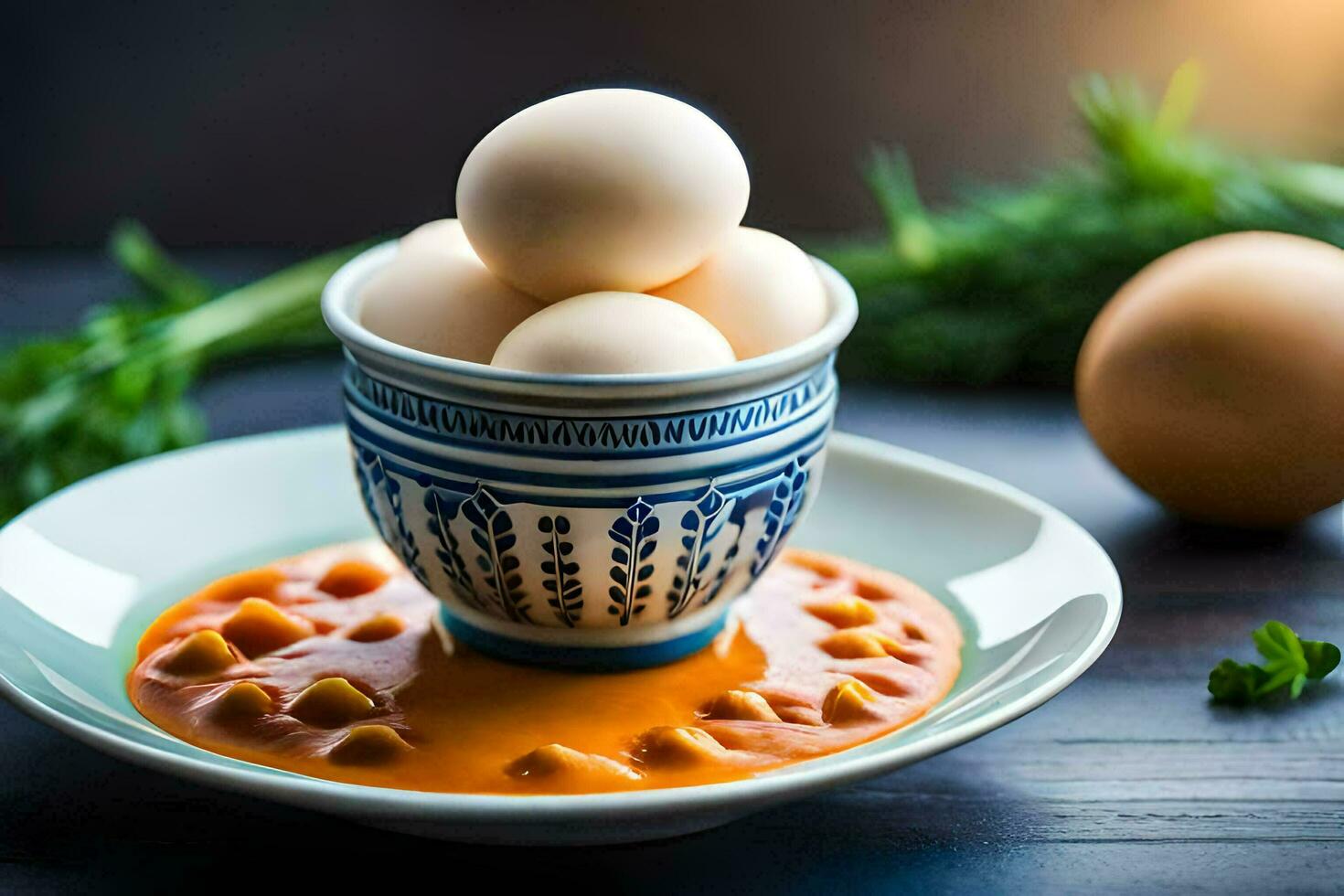 eggs in a blue and white bowl with sauce. AI-Generated photo