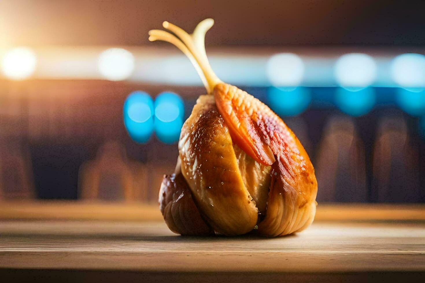 a roasted duck on a wooden table. AI-Generated photo