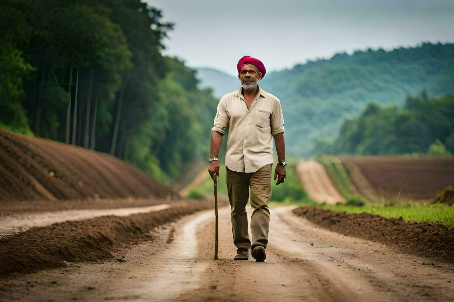 a man in a turban walking down a dirt road. AI-Generated photo