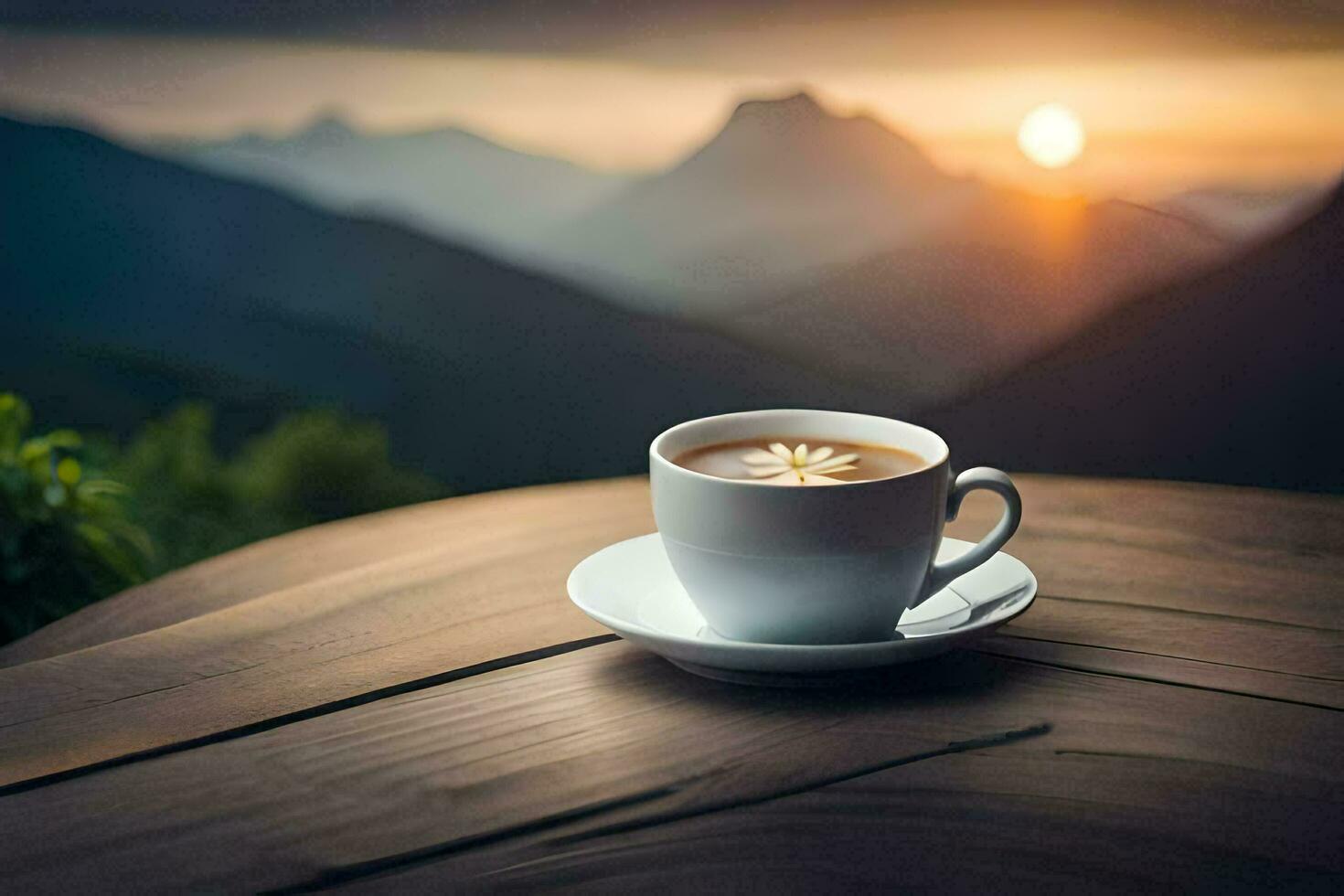 café taza en el mesa con montañas en el antecedentes. generado por ai foto