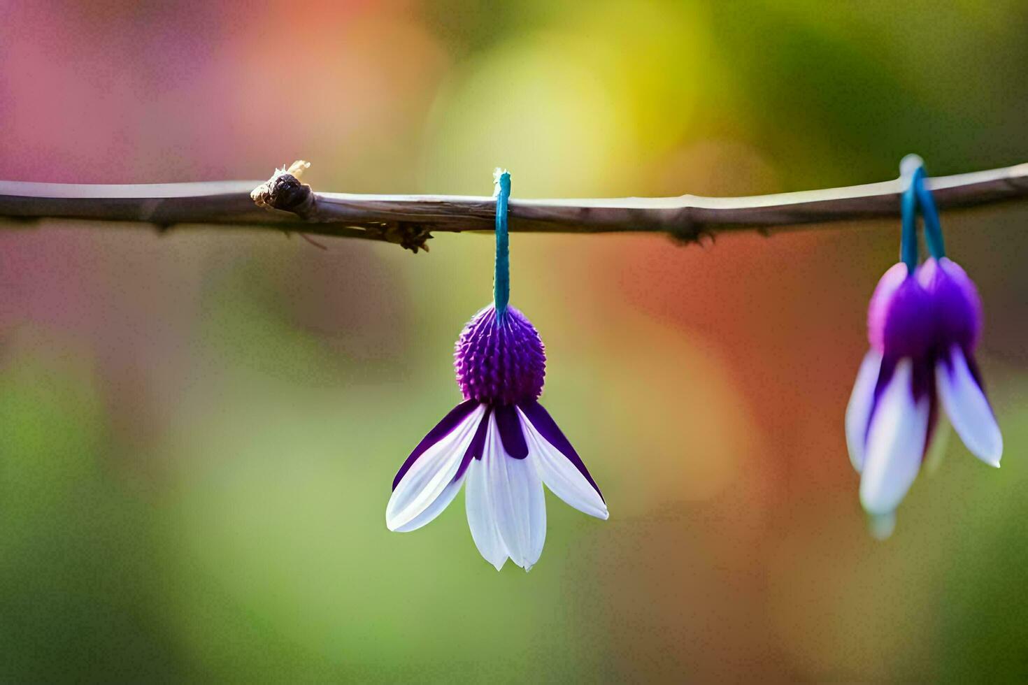two purple flowers hanging from a branch. AI-Generated photo