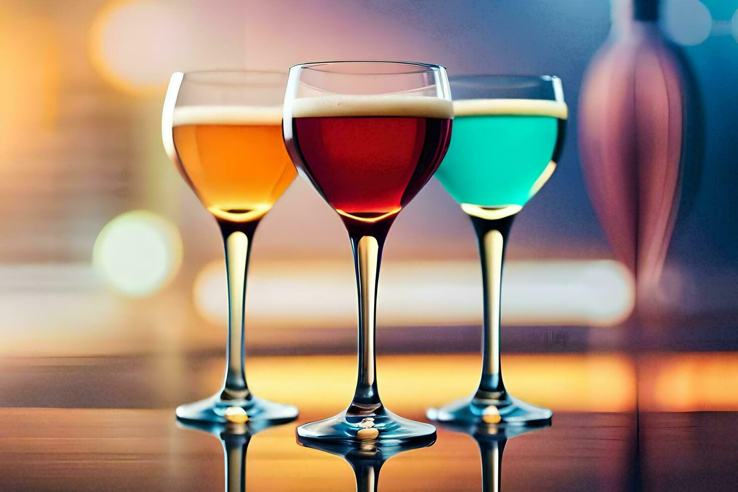 three glasses of colored drinks on a table. AI-Generated photo