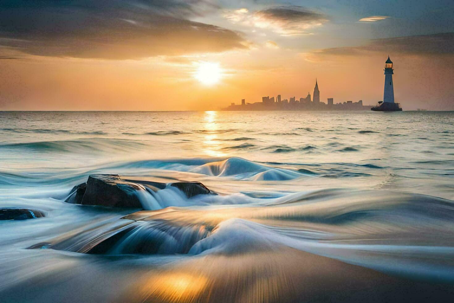 the sun sets over the city skyline and waves crash into rocks. AI-Generated photo
