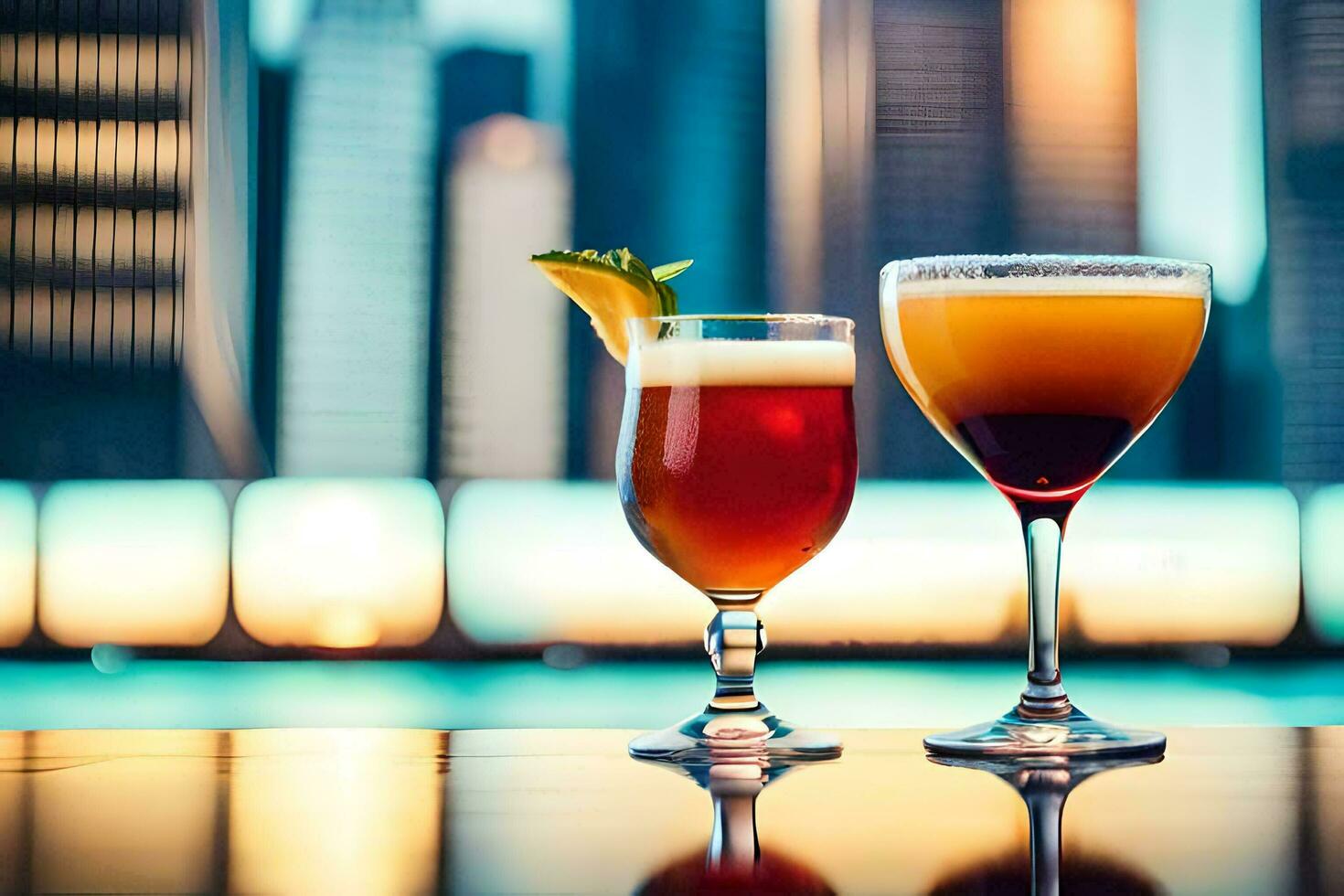 two glasses of alcohol are sitting on a table in front of a city skyline. AI-Generated photo