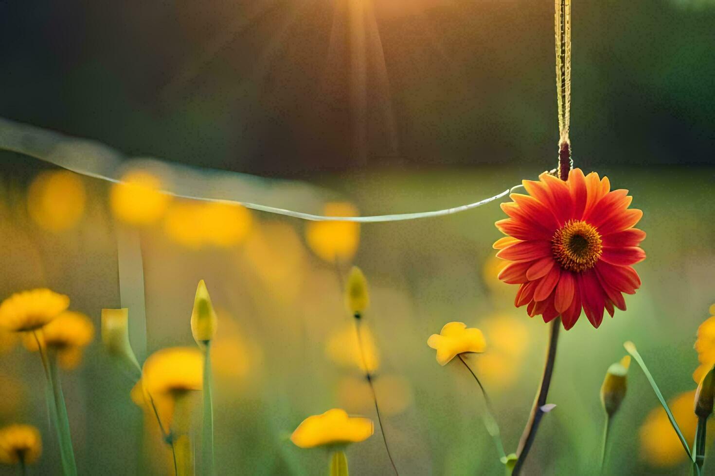 a red flower is hanging from a string in a field. AI-Generated photo
