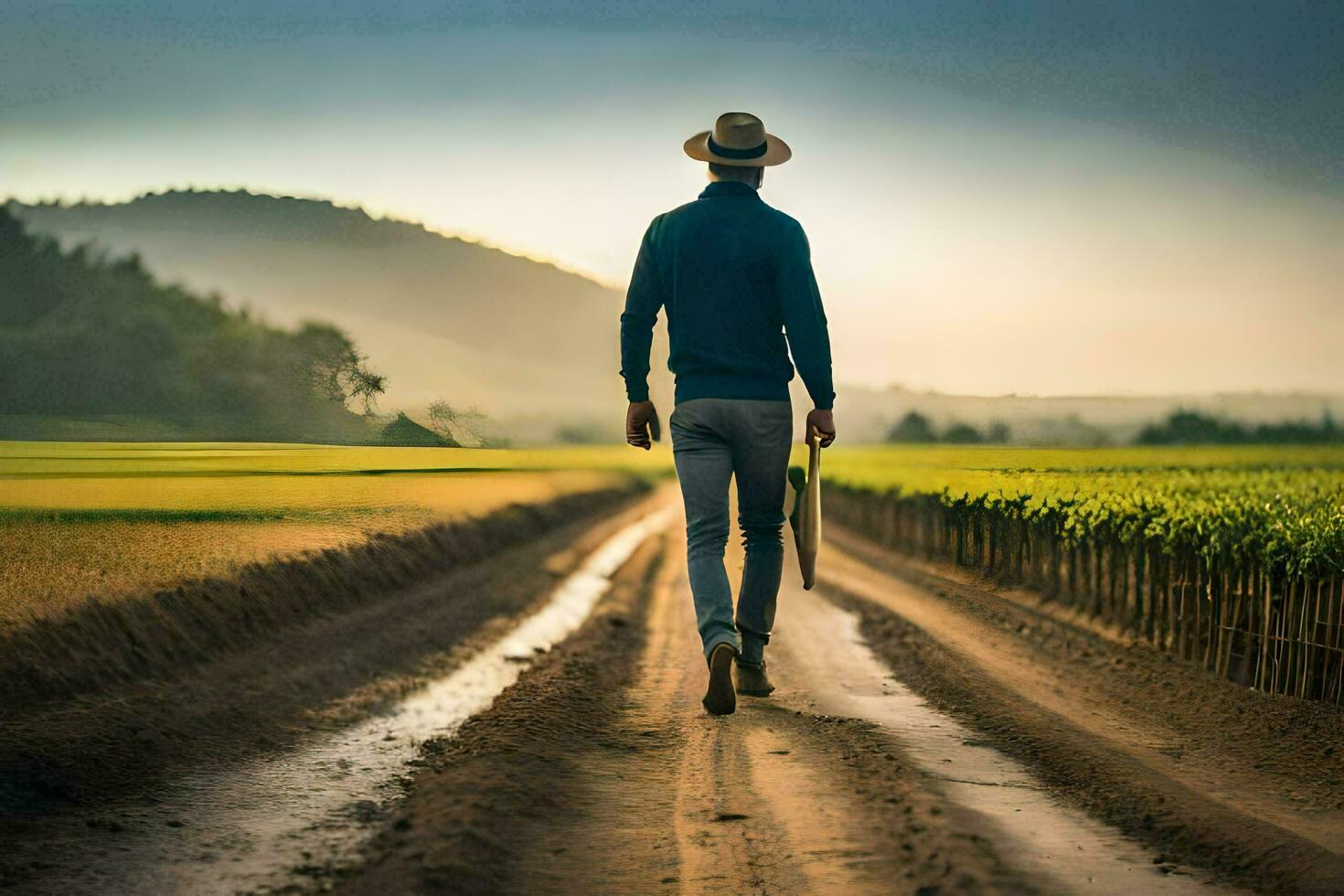 un hombre caminando abajo un suciedad la carretera con un sombrero. generado por ai foto