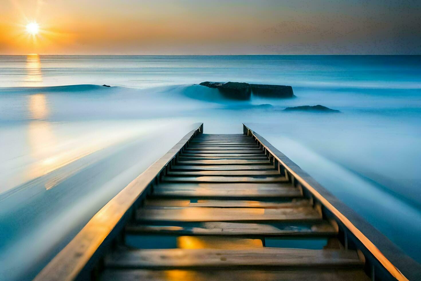 a wooden boardwalk leads to the ocean at sunset. AI-Generated photo