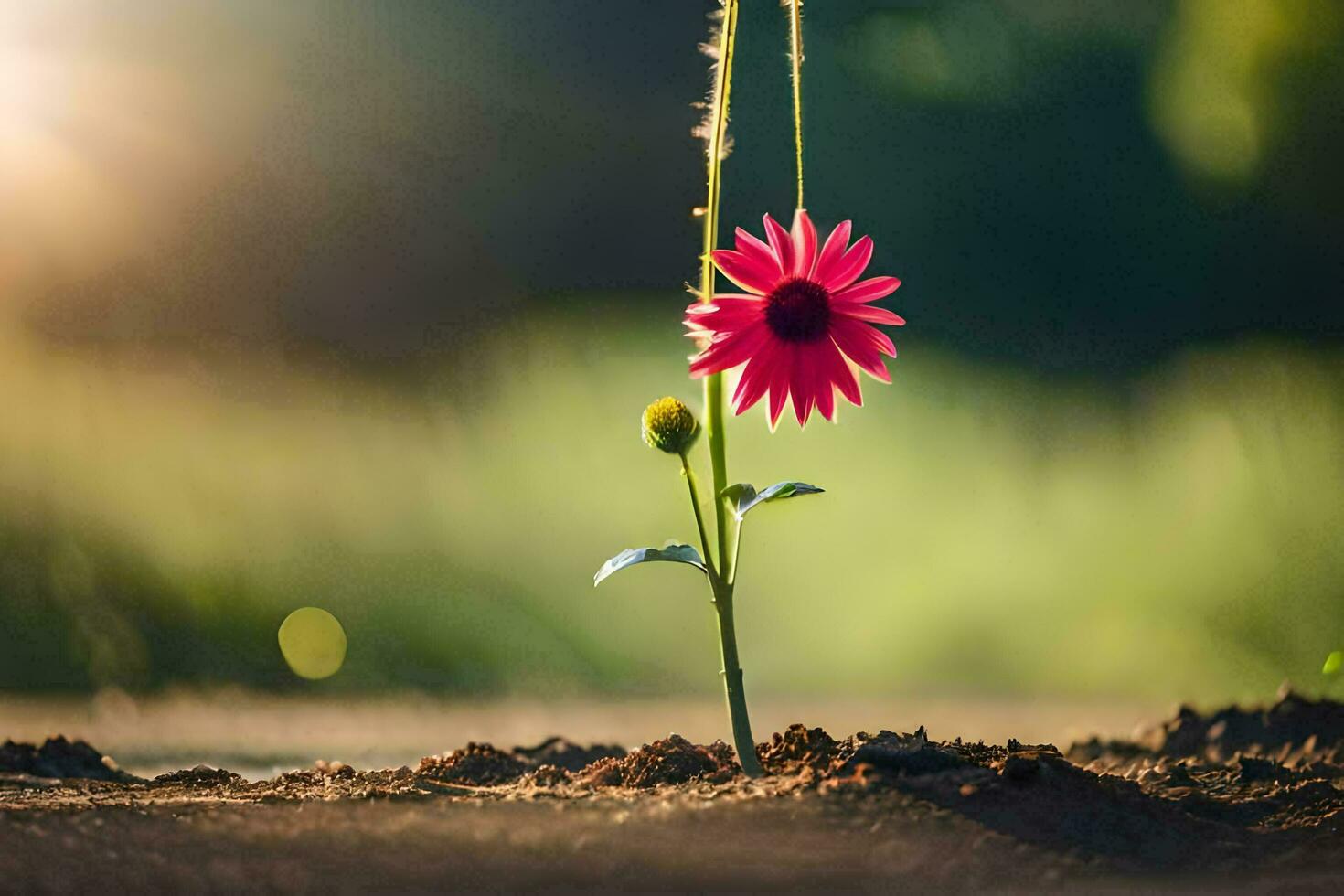 a single pink flower is growing out of the ground. AI-Generated photo