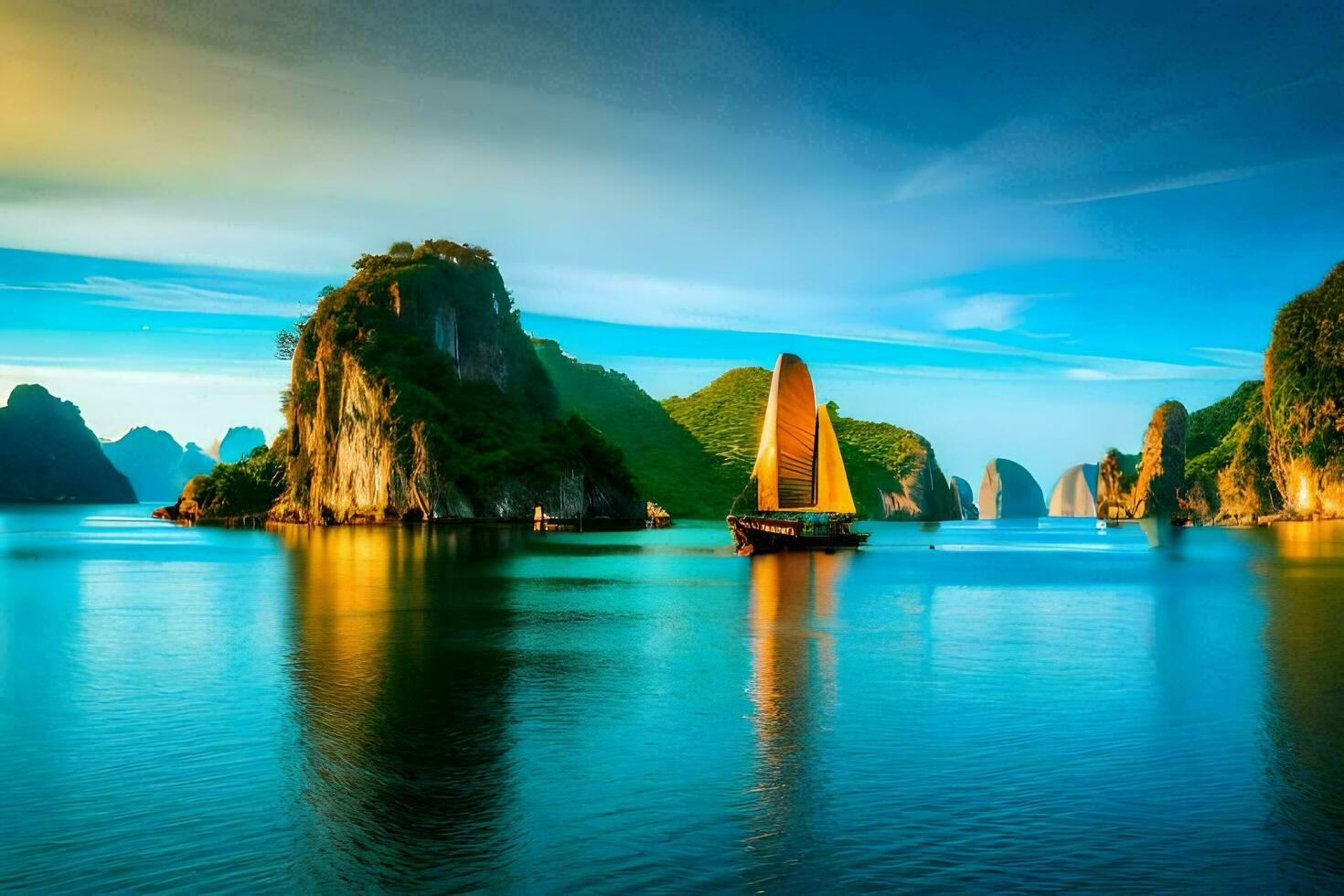 foto fondo de pantalla el cielo, agua, montañas, bote, atardecer, el mar, el mar,. generado por ai