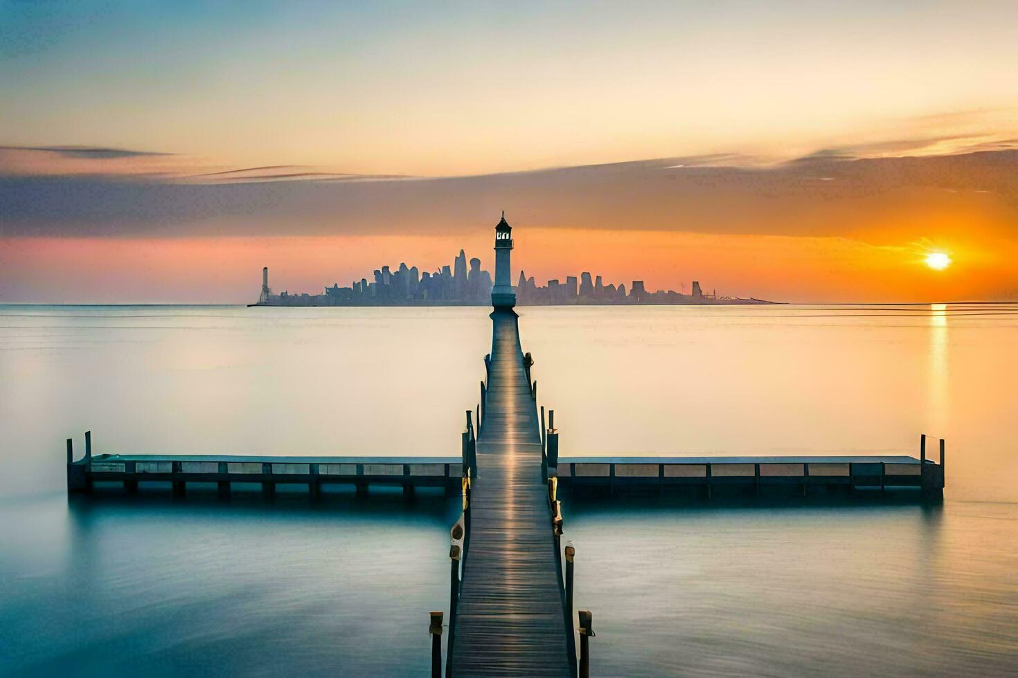 a pier with a city skyline in the background. AI-Generated photo