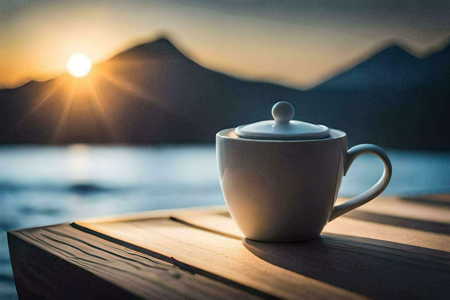 coffee cup on the table with the sun setting behind it. AI-Generated photo
