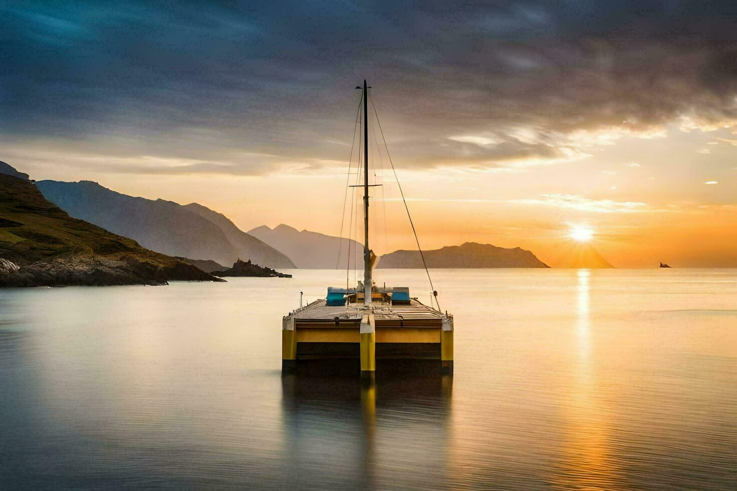 un barco se sienta en el agua a puesta de sol. generado por ai foto