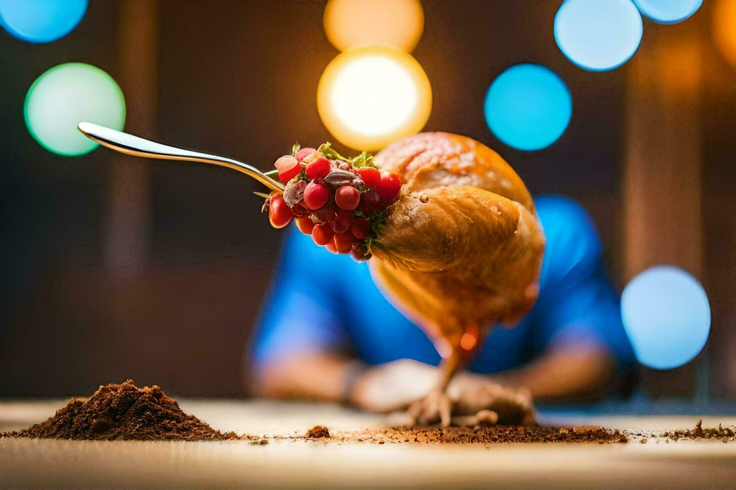 a bird with a spoon and berries on it. AI-Generated photo