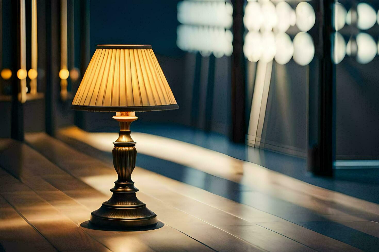 a lamp on a wooden floor in a dark room. AI-Generated photo