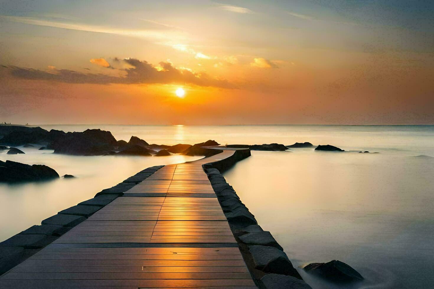 a wooden boardwalk leads to the ocean at sunset. AI-Generated photo