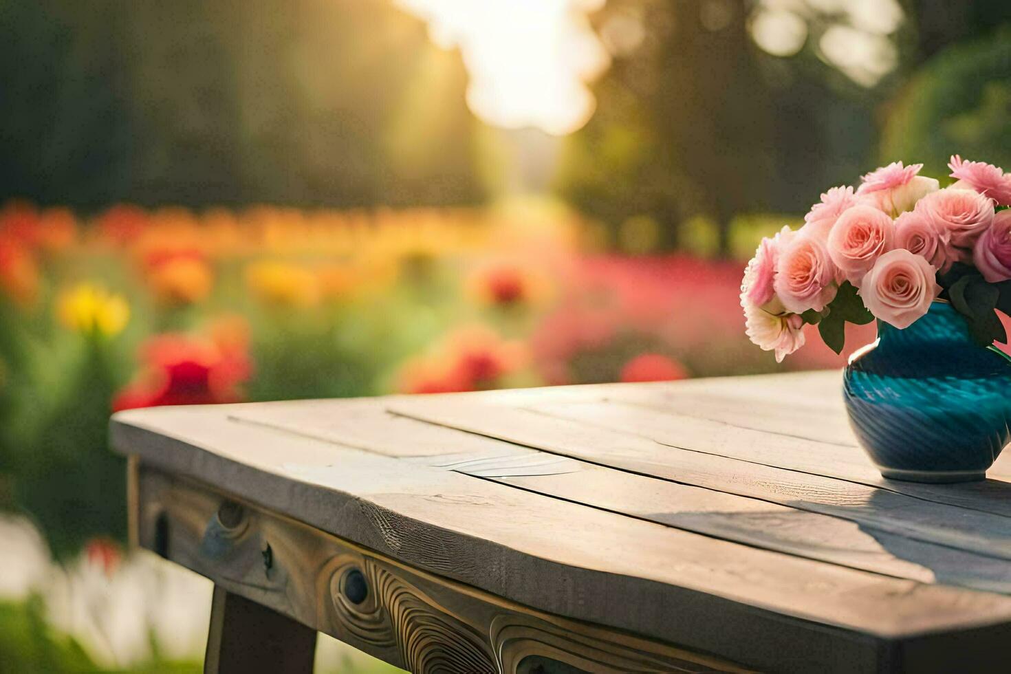 a vase of pink roses sits on a wooden table. AI-Generated photo