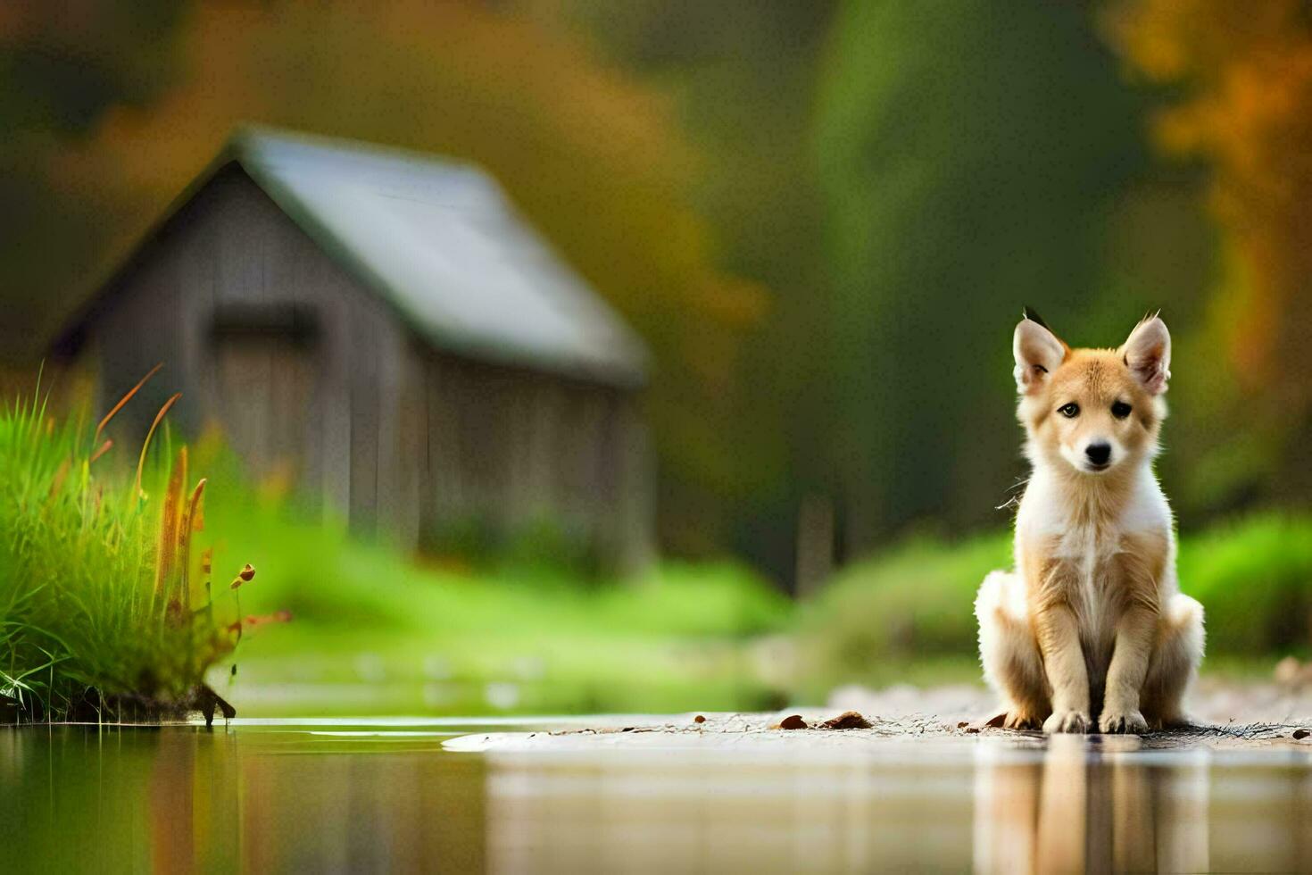 a puppy sitting on the edge of a river. AI-Generated photo