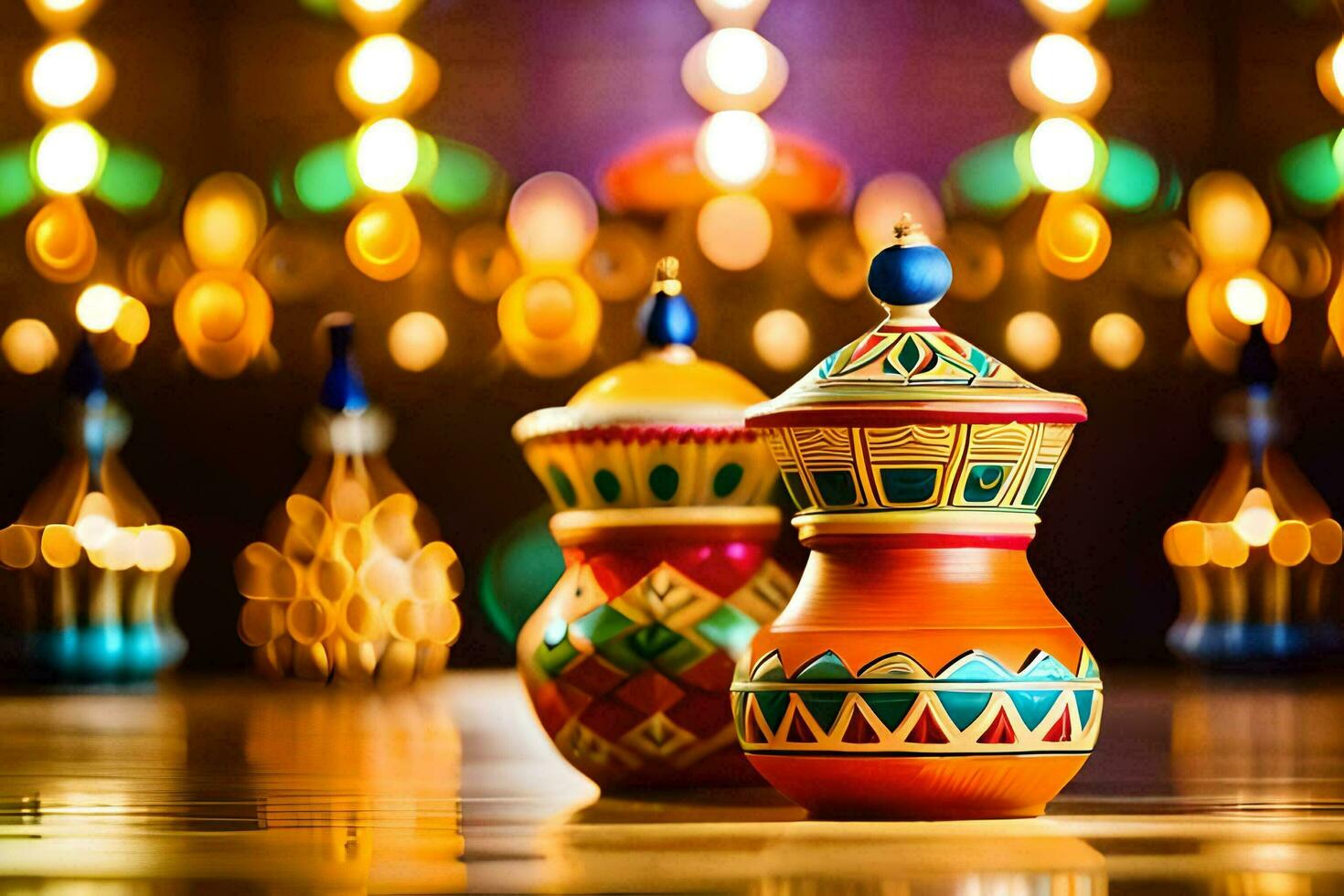 colorful lamps on a table with colorful lights. AI-Generated photo