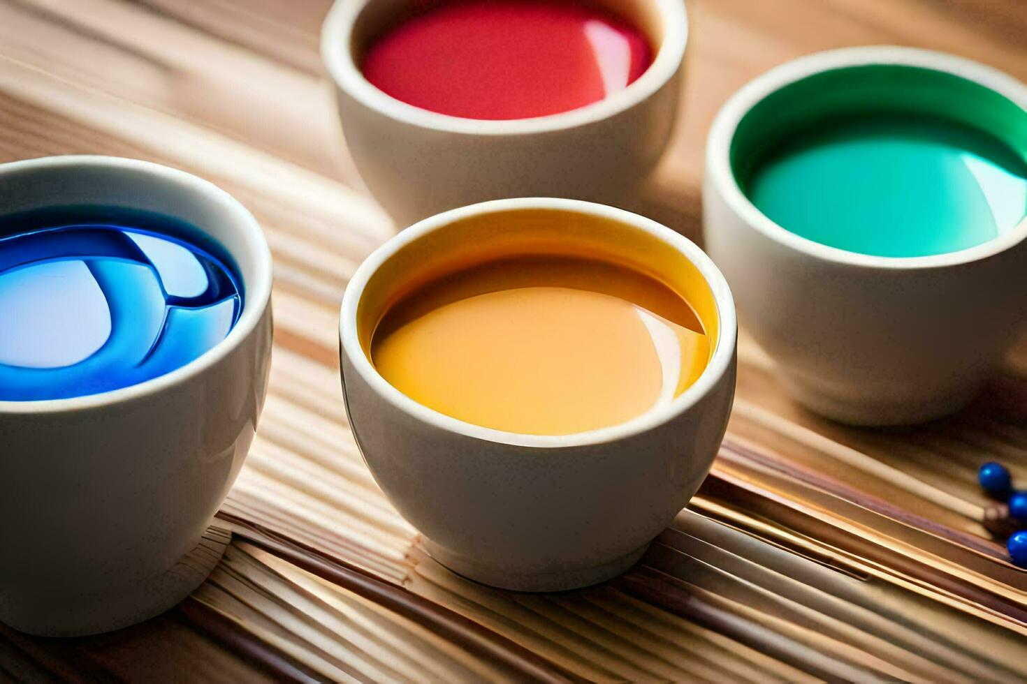 vistoso tazas de diferente colores en un mesa. generado por ai foto