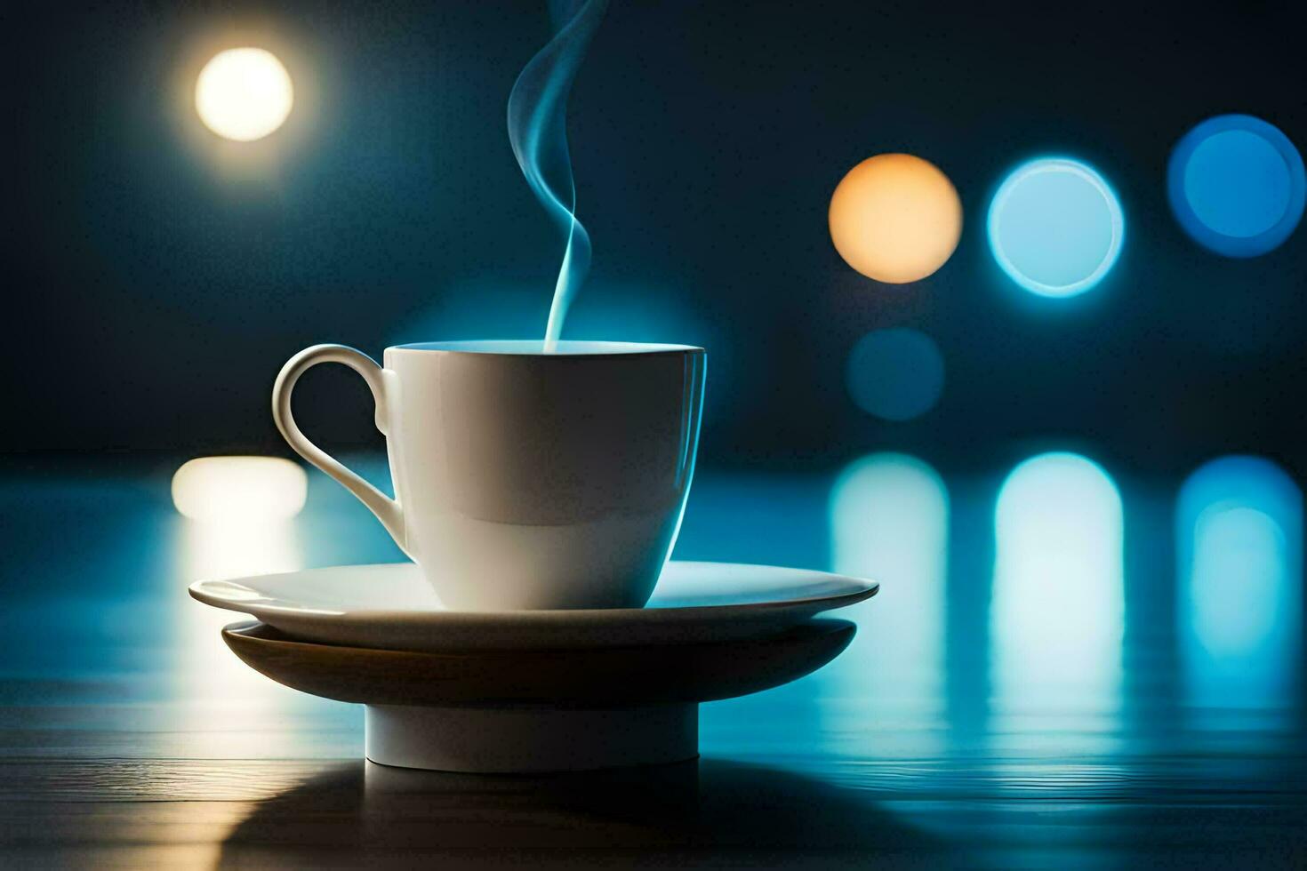 a cup of coffee on a saucer with a blurred background. AI-Generated photo