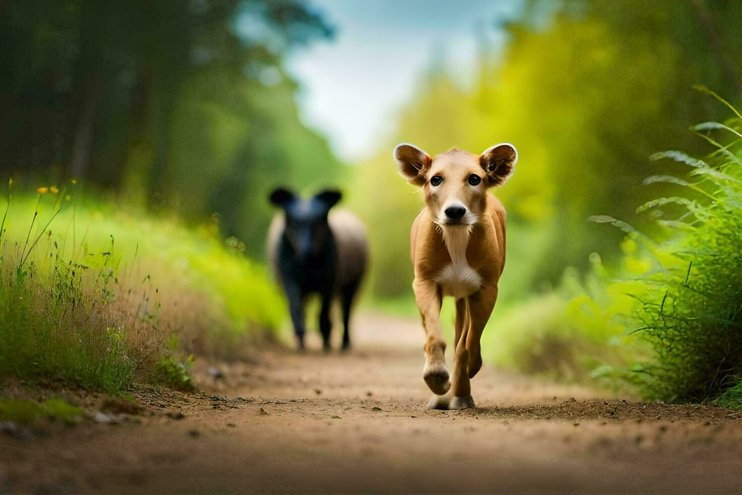 a dog and a cow walking down a dirt road. AI-Generated photo