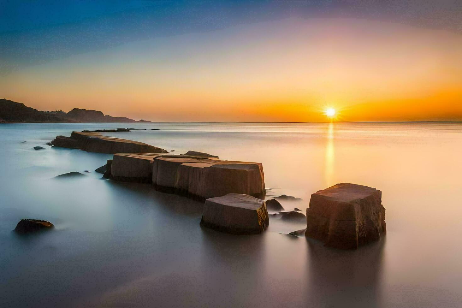 the sun sets over the ocean in this long exposure photograph. AI-Generated photo