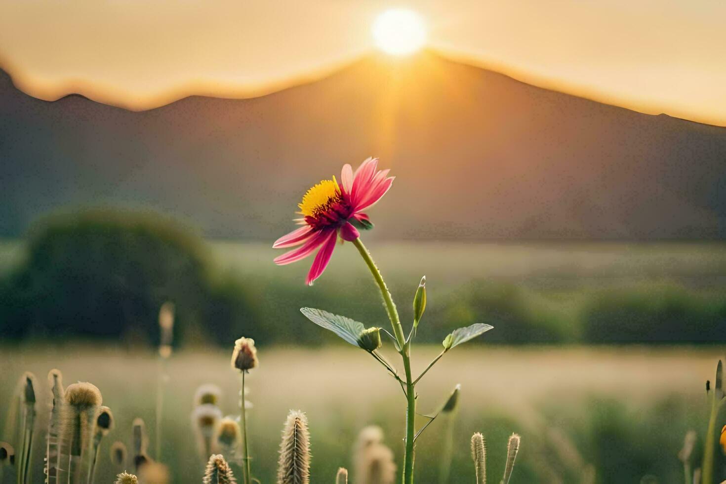 a flower in a field with mountains in the background. AI-Generated photo