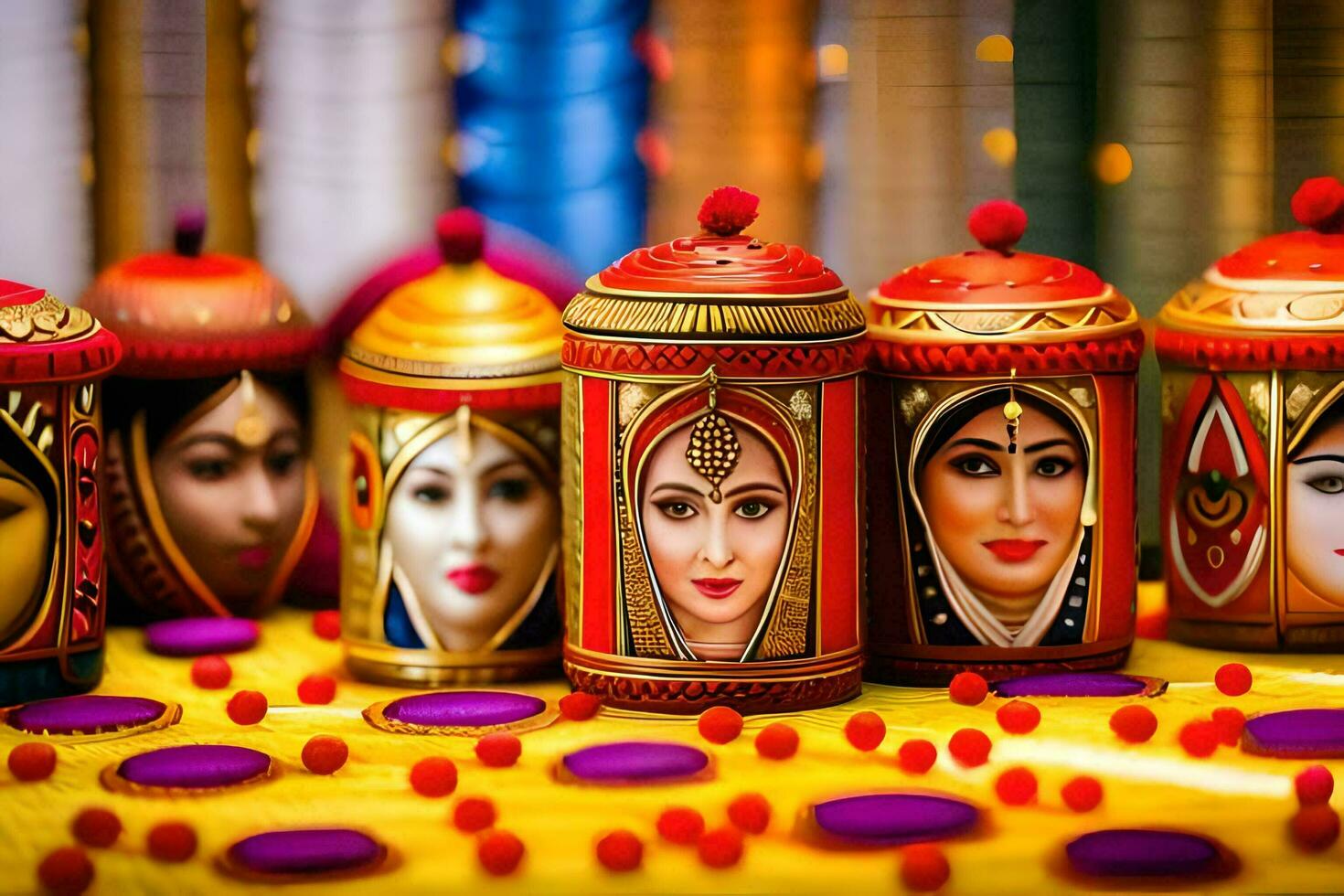 a group of colorful diyas with painted faces. AI-Generated photo