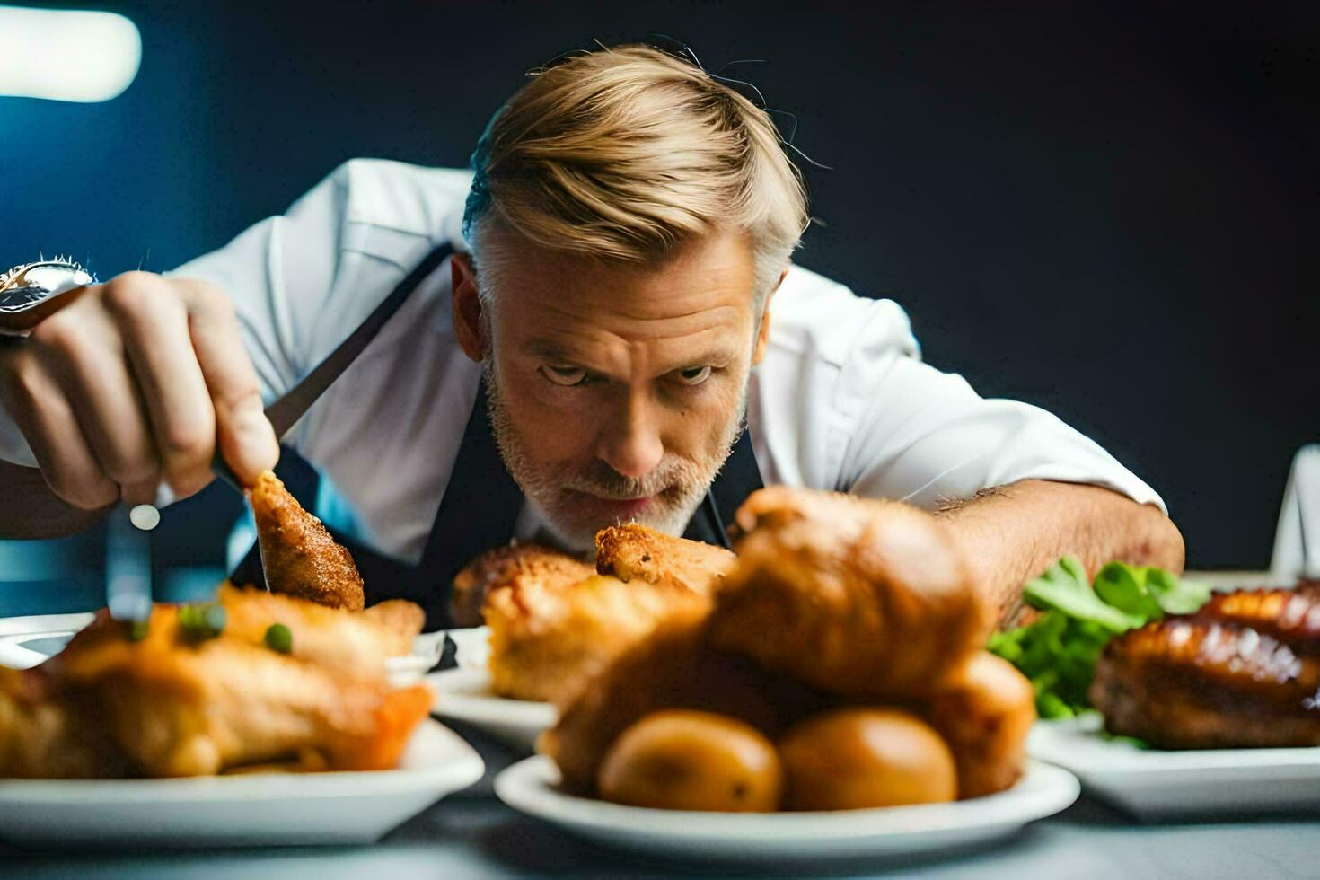 a man is eating food on a table. AI-Generated photo