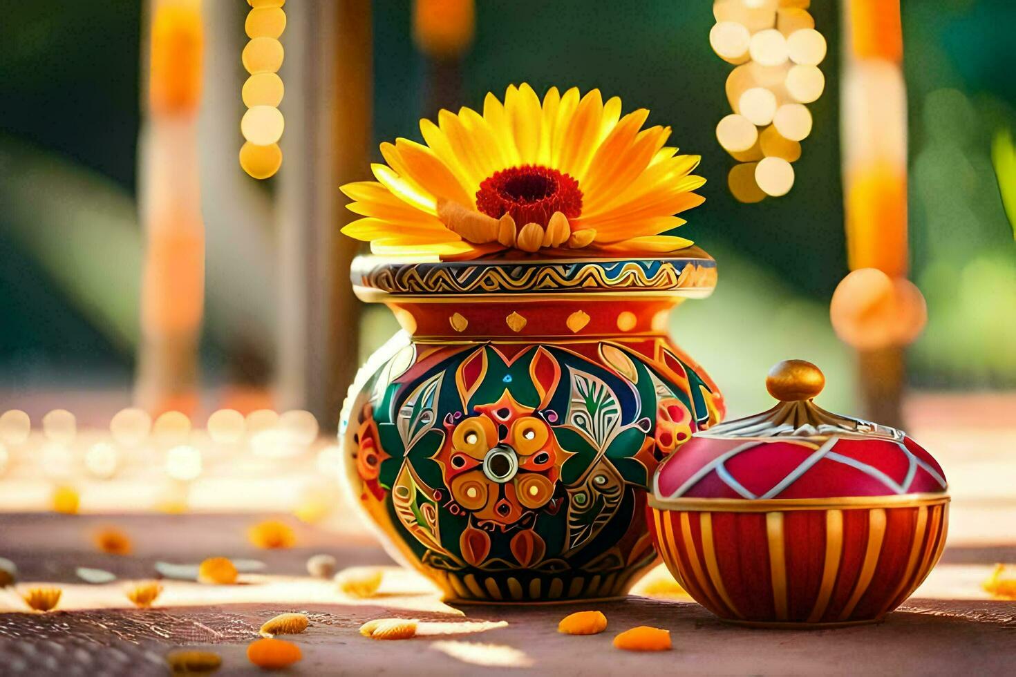 a colorful vase with a yellow flower sitting on a table. AI-Generated photo