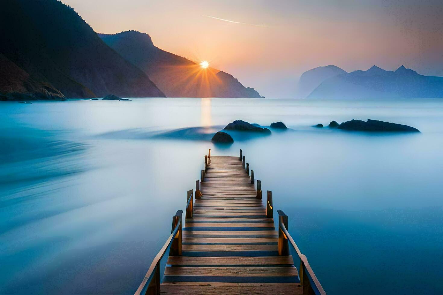 a wooden pier stretches into the ocean at sunset. AI-Generated photo