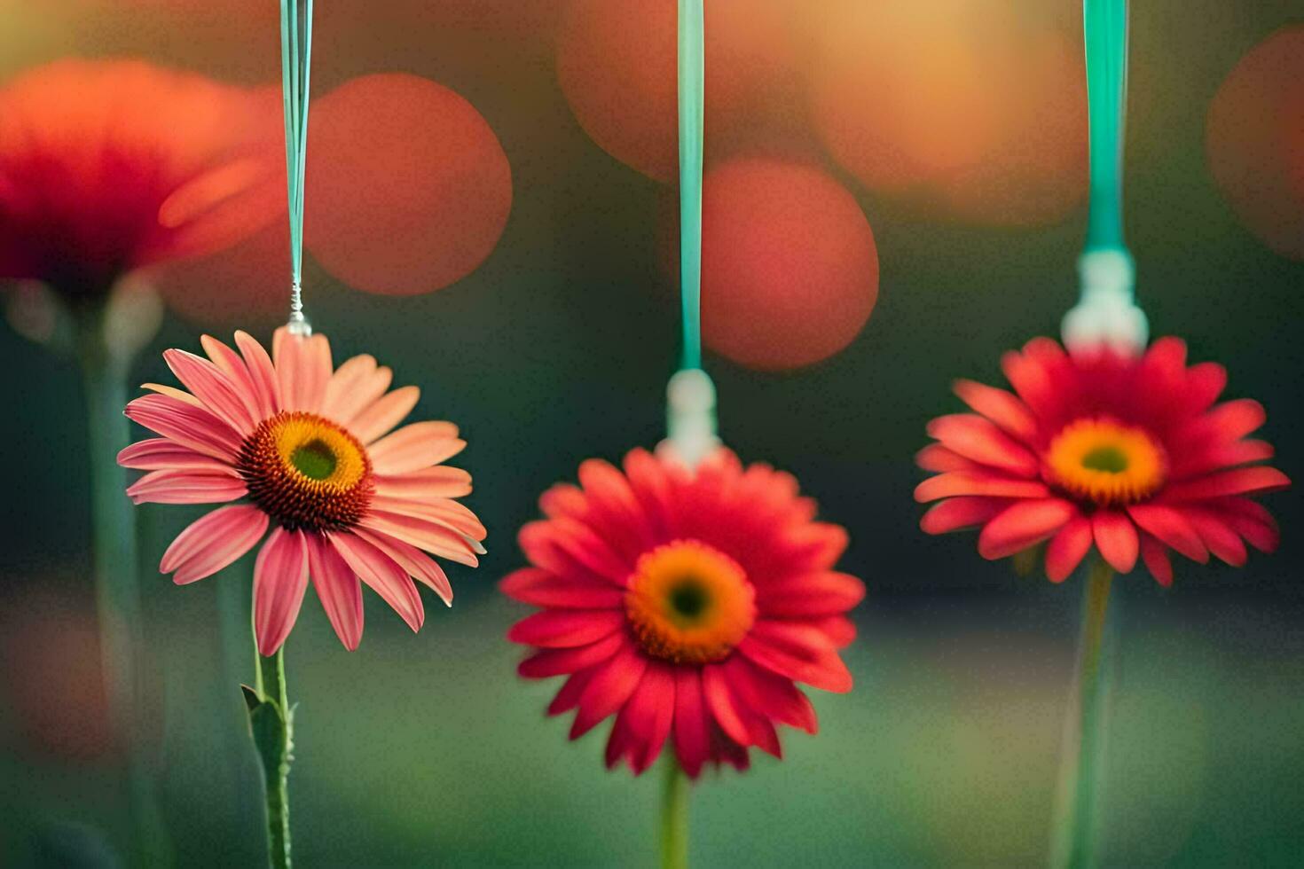 three red flowers hanging from strings. AI-Generated photo