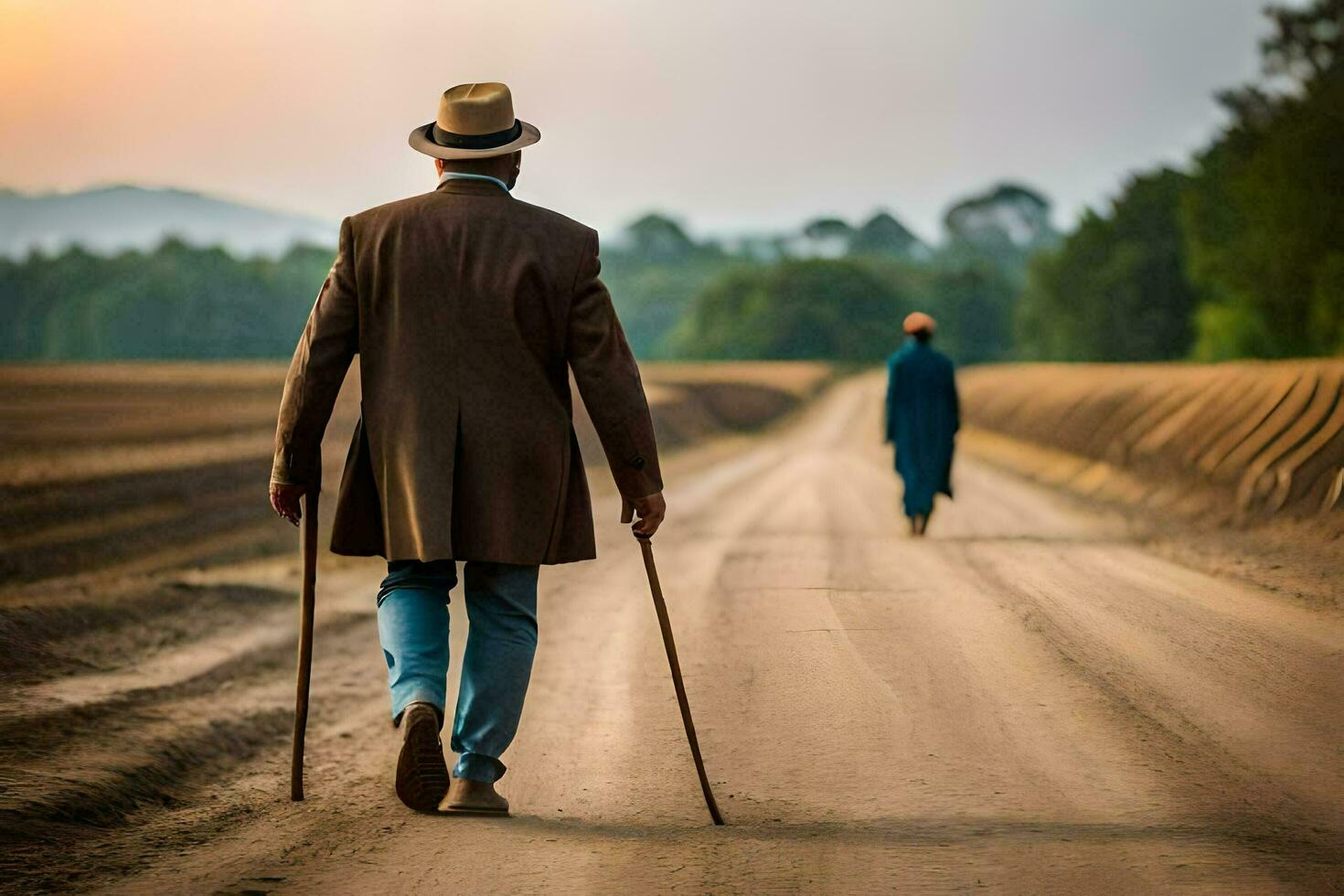 an old man walking down a dirt road with a cane. AI-Generated photo