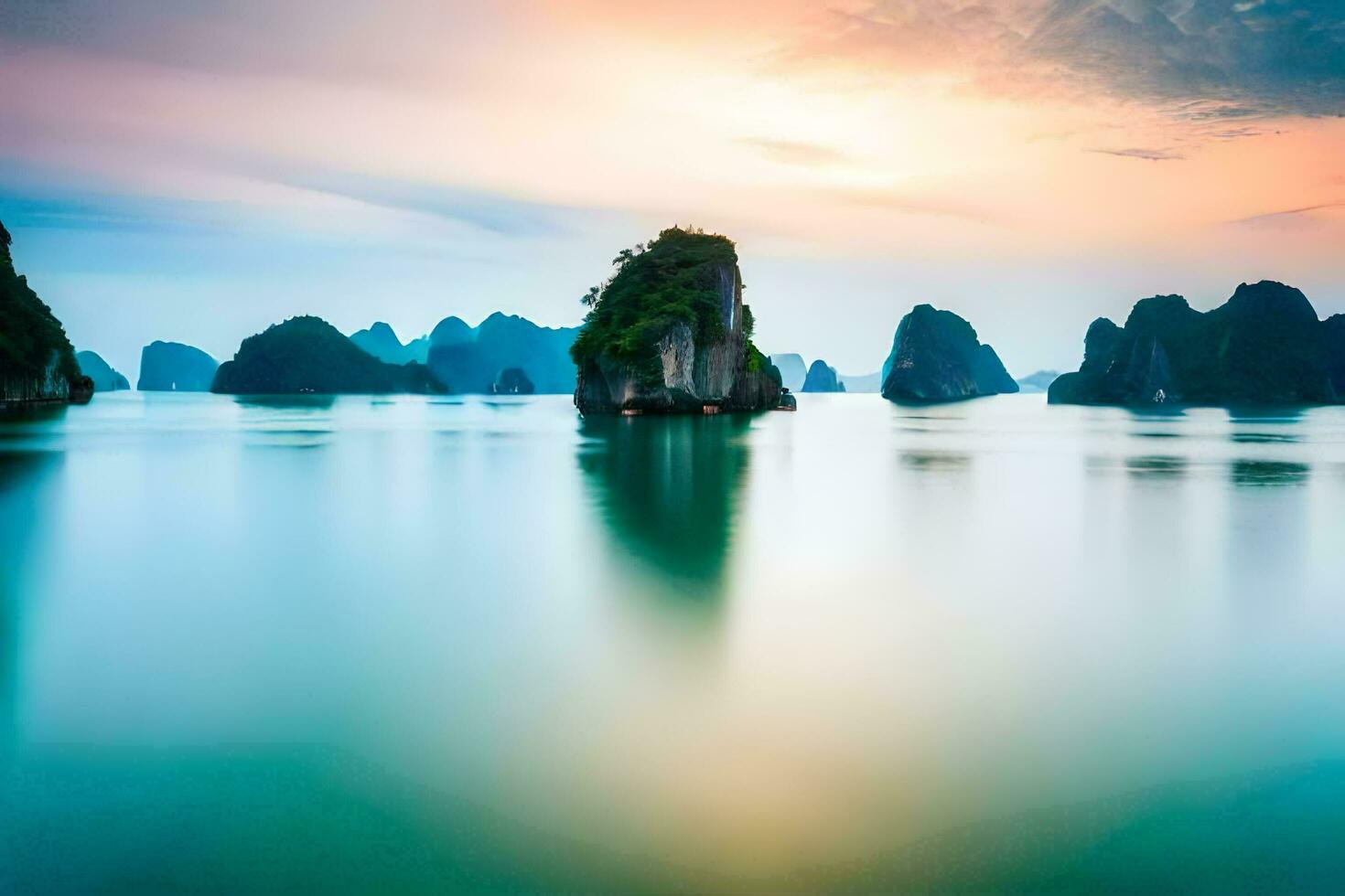 the sunrise over halong bay, vietnam. AI-Generated photo