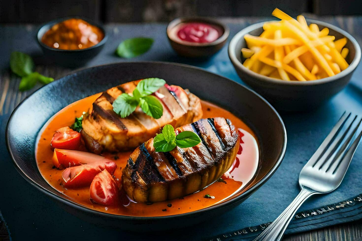 grilled fish with tomato sauce and french fries on a plate. AI-Generated photo