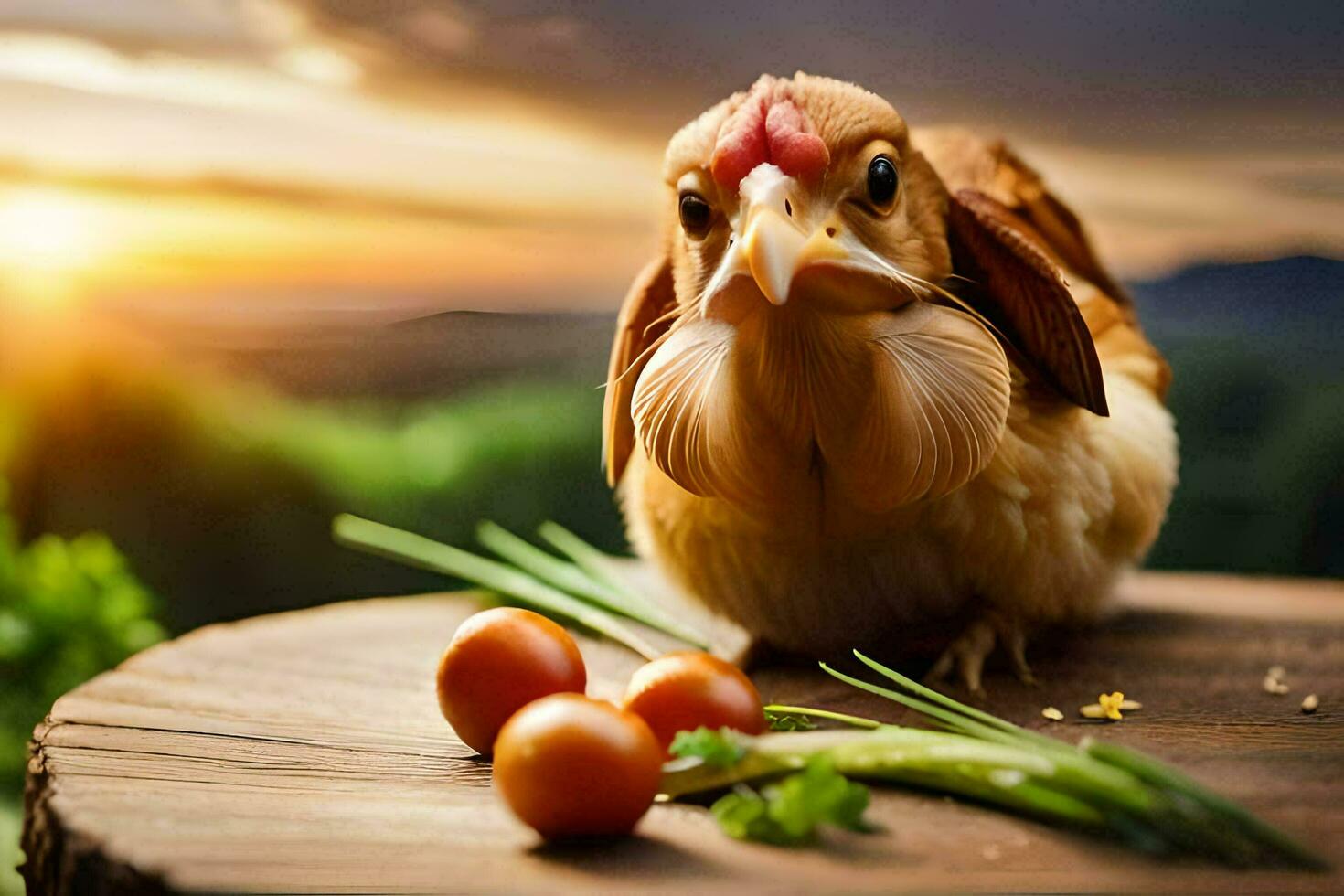 a chicken is sitting on a wooden table with tomatoes and herbs. AI-Generated photo