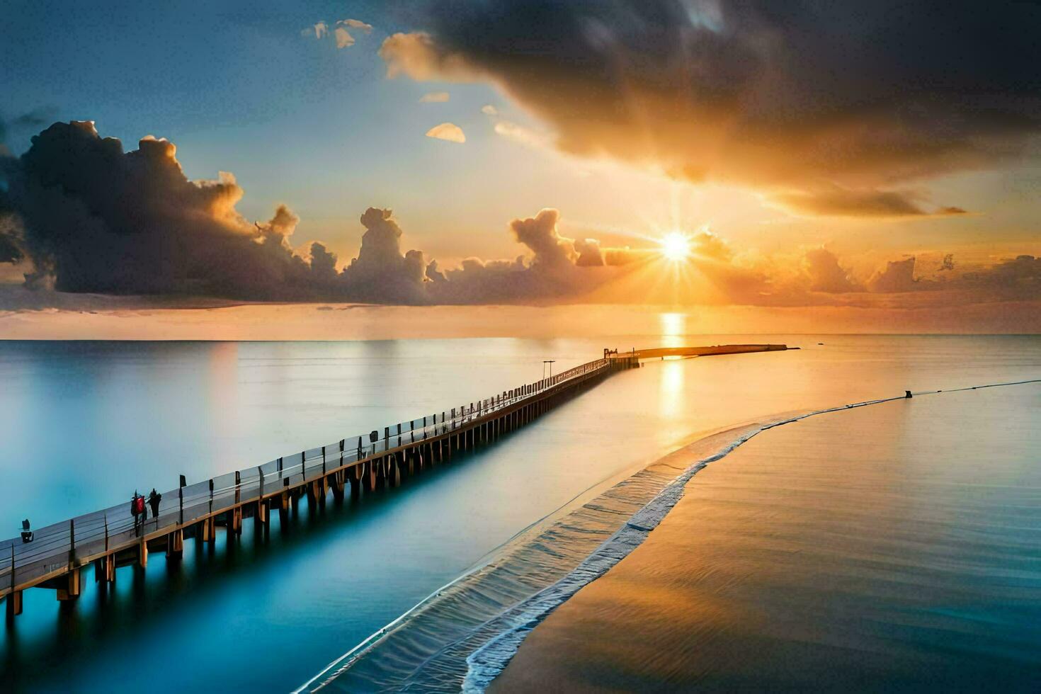 the sun rises over the ocean and pier. AI-Generated photo