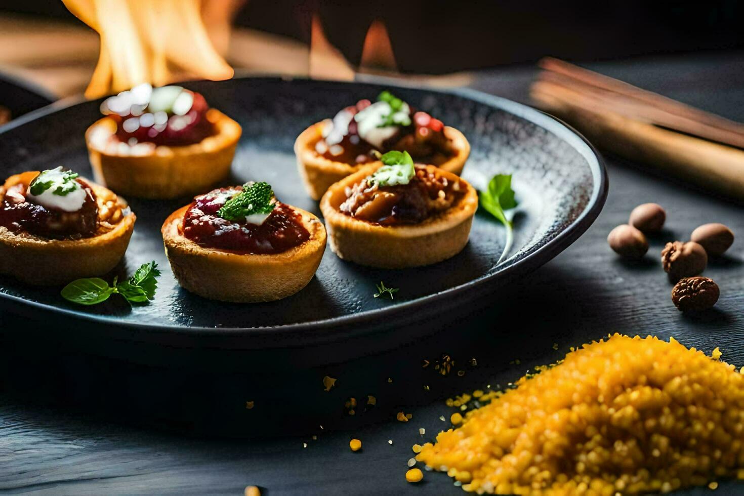 small pies on a plate with spices and fire. AI-Generated photo