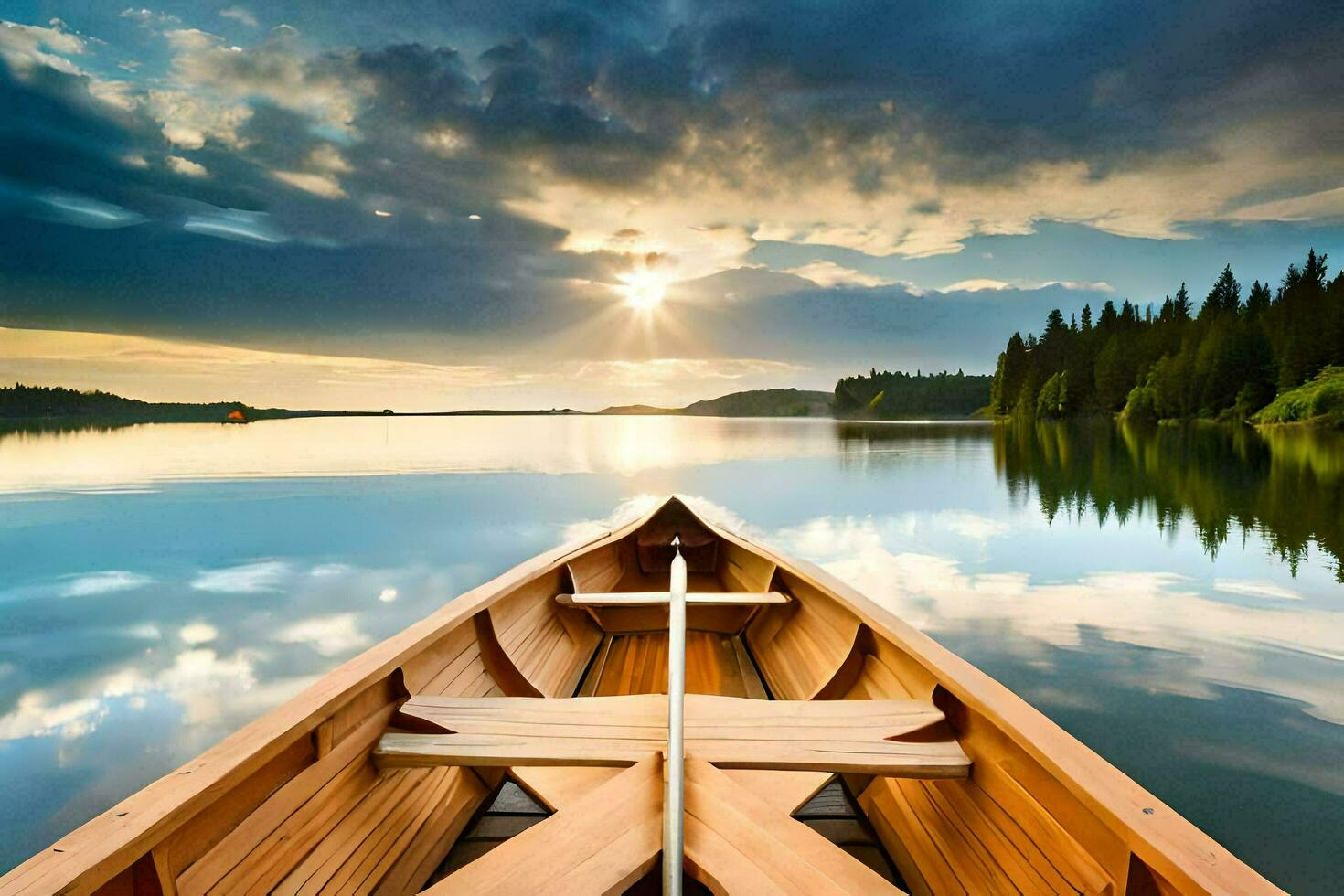 a boat on a lake with the sun setting behind it. AI-Generated photo