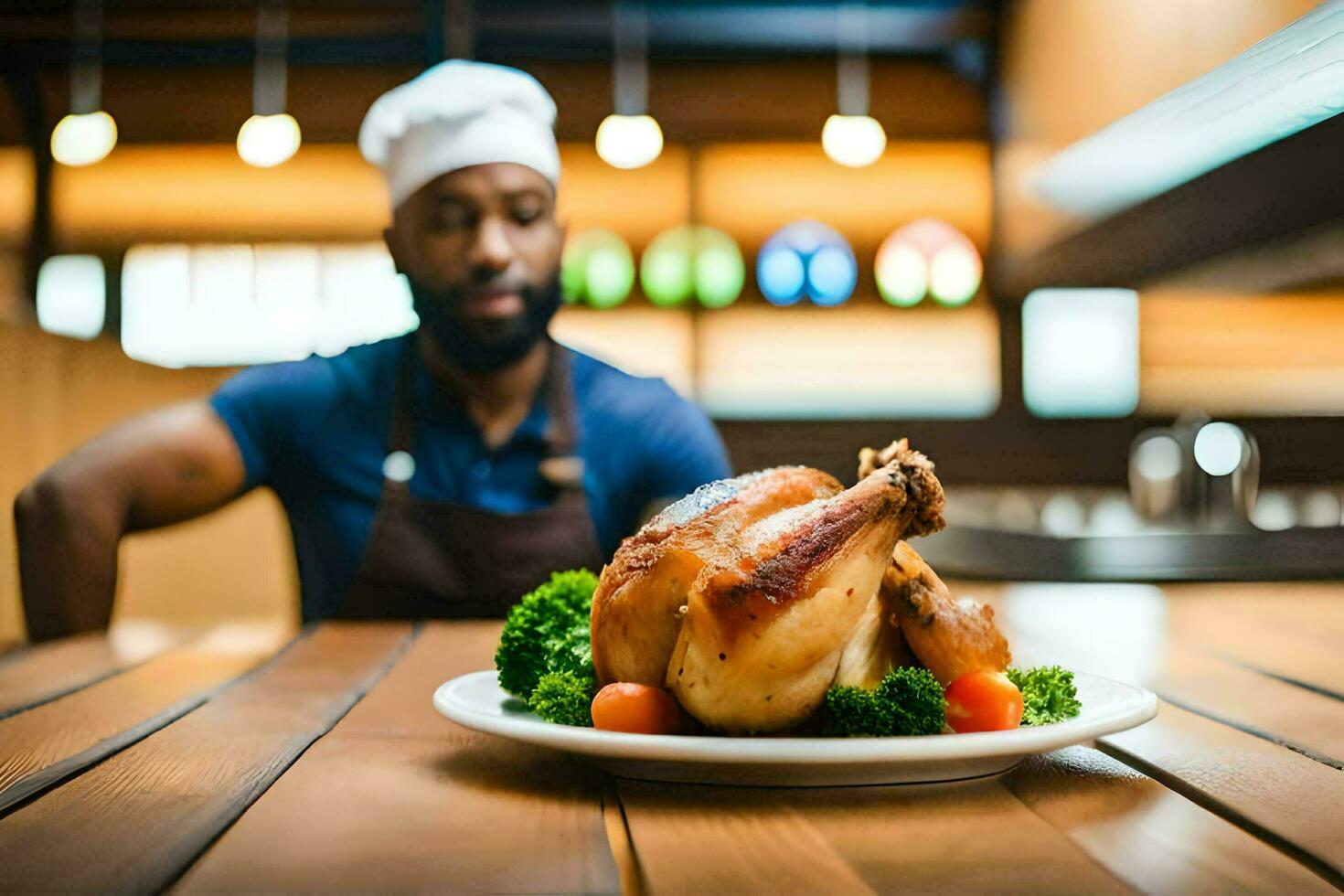 un cocinero es en pie en frente de un plato de pollo. generado por ai foto