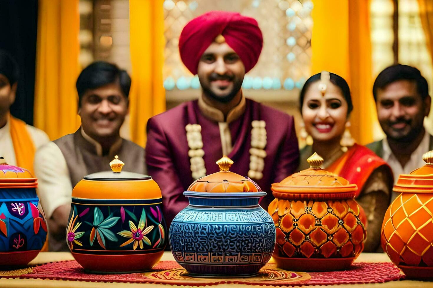 a couple in indian attire posing with colorful pots. AI-Generated photo