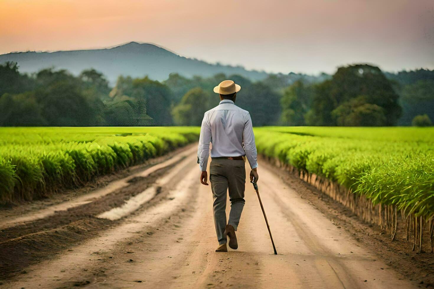 a man walking down a dirt road with cane in hand. AI-Generated photo