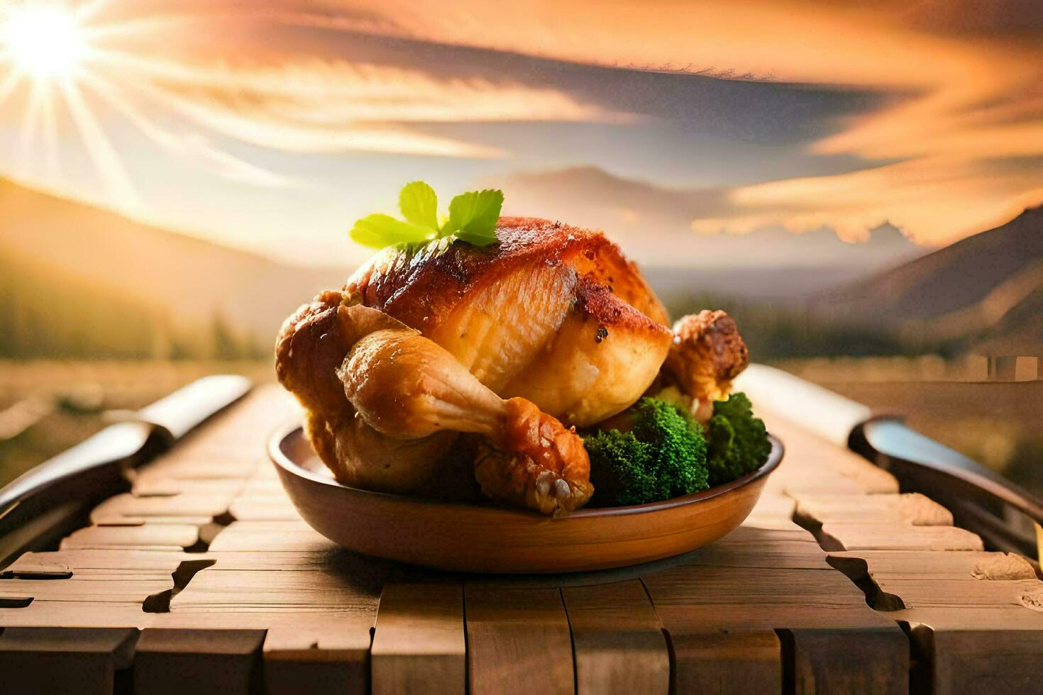 chicken in a bowl on a wooden table. AI-Generated photo