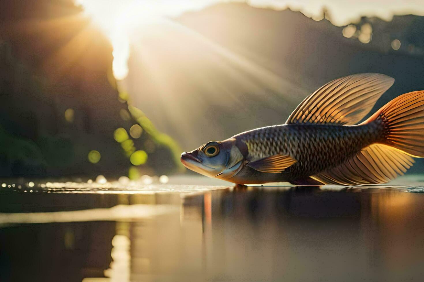 un pescado es flotante en el agua con el Dom brillante. generado por ai foto