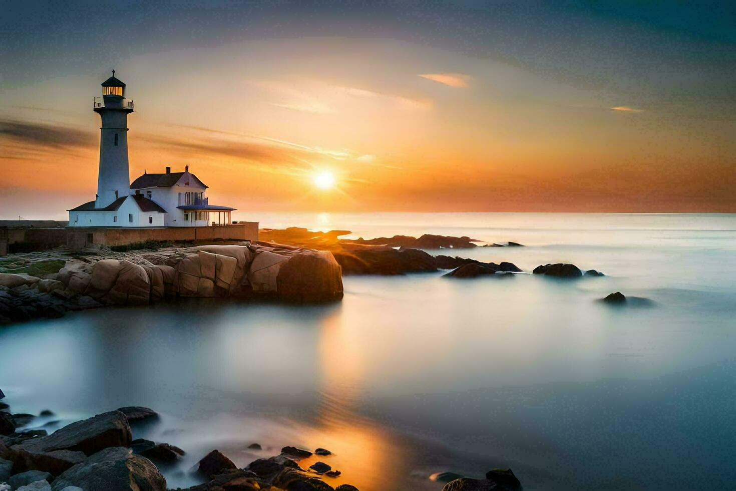 un faro se sienta en el rocas a puesta de sol. generado por ai foto